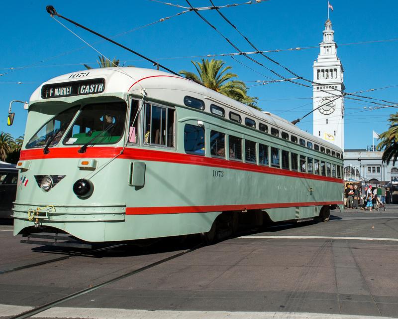 muni f line streetcar in front of ferry building